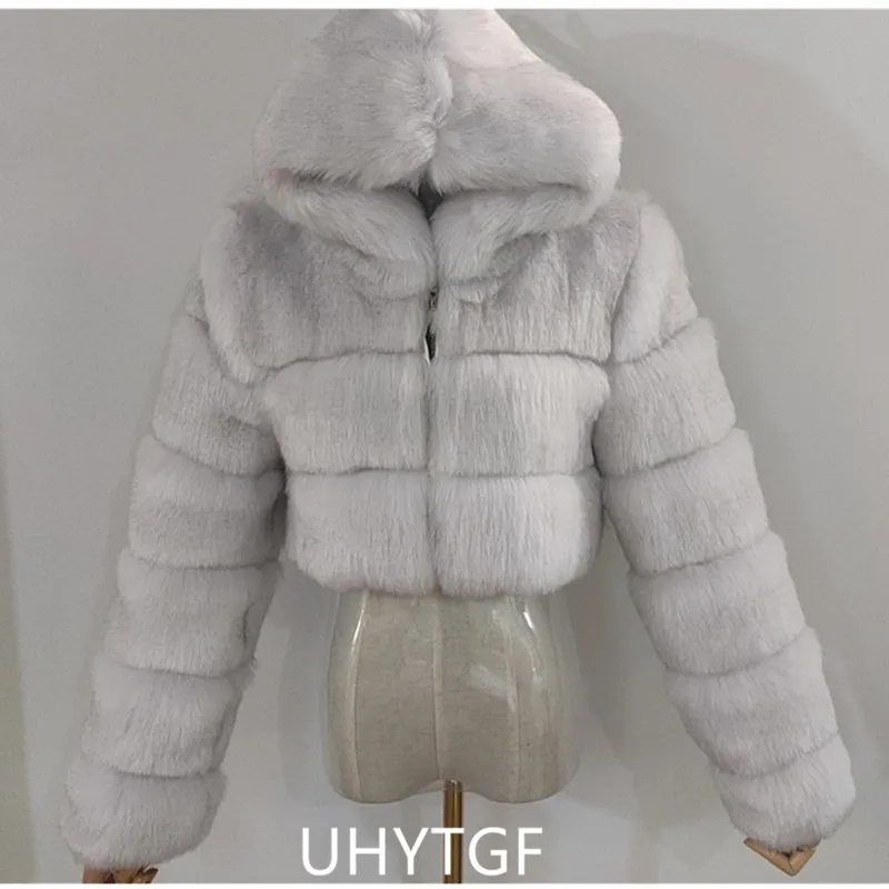 Quality Furry Cropped Faux Fur Coats And Jacket Women Short Fluffy Tops Coat With Hooded Winter Fur Jackets Ladies Cardigan 2740
