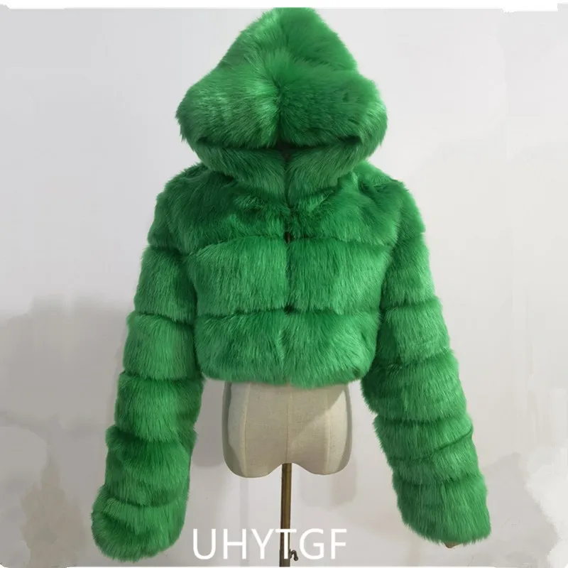 Quality Furry Cropped Faux Fur Coats And Jacket Women Short Fluffy Tops Coat With Hooded Winter Fur Jackets Ladies Cardigan 2740