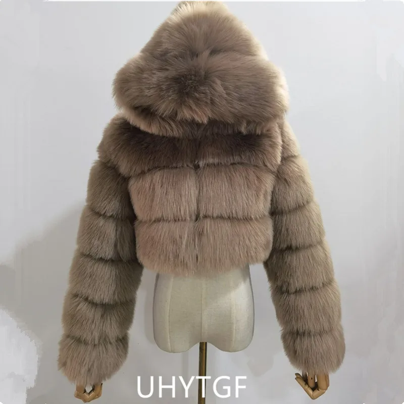 Quality Furry Cropped Faux Fur Coats And Jacket Women Short Fluffy Tops Coat With Hooded Winter Fur Jackets Ladies Cardigan 2740
