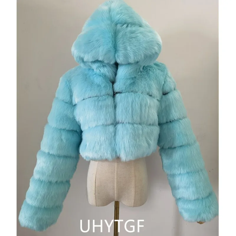 Quality Furry Cropped Faux Fur Coats And Jacket Women Short Fluffy Tops Coat With Hooded Winter Fur Jackets Ladies Cardigan 2740