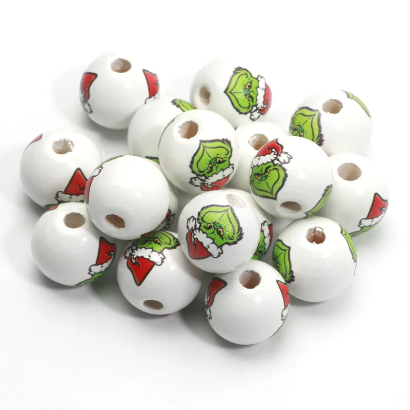 15mm 10pcs Christmas Hat Green Monster Natural Wood Beads For Jewelry DIY Making Bracelets Necklace Earrings Party Customization
