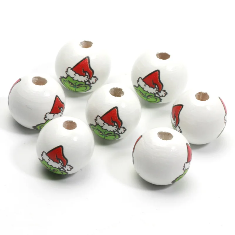 15mm 10pcs Christmas Hat Green Monster Natural Wood Beads For Jewelry DIY Making Bracelets Necklace Earrings Party Customization
