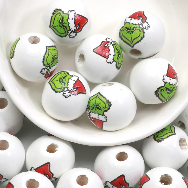 15mm 10pcs Christmas Hat Green Monster Natural Wood Beads For Jewelry DIY Making Bracelets Necklace Earrings Party Customization