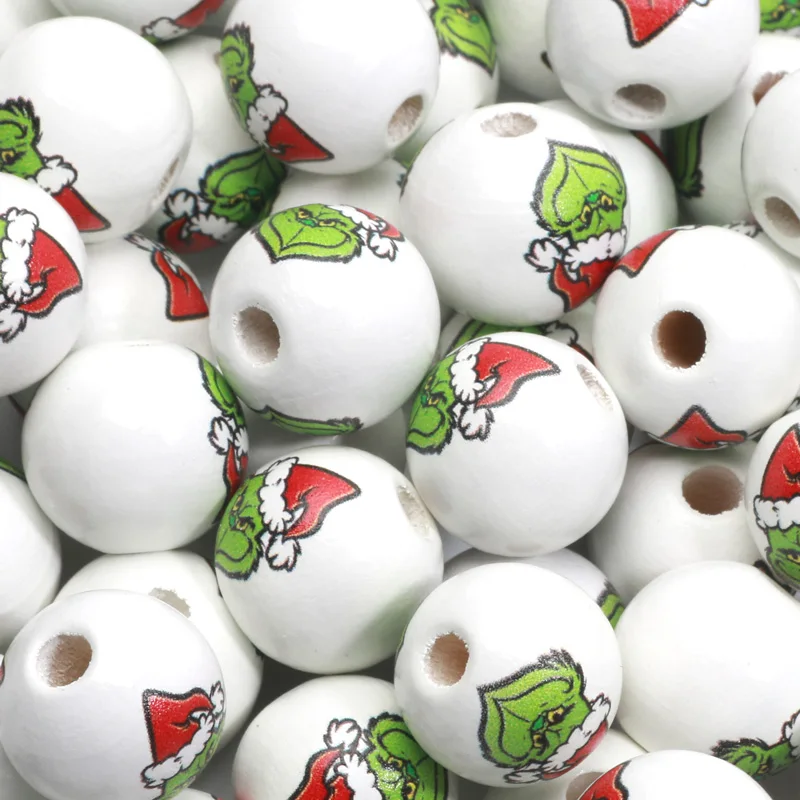 15mm 10pcs Christmas Hat Green Monster Natural Wood Beads For Jewelry DIY Making Bracelets Necklace Earrings Party Customization