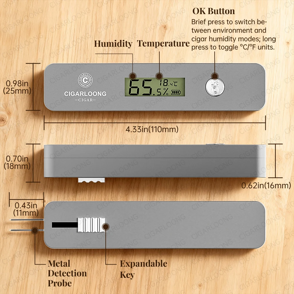 CIGARLOONG Digital Cigar Humidity Meter Portable Humidometer Electric Humidor Tester Guage Hygrometer Needle LCD Display CX-25IT