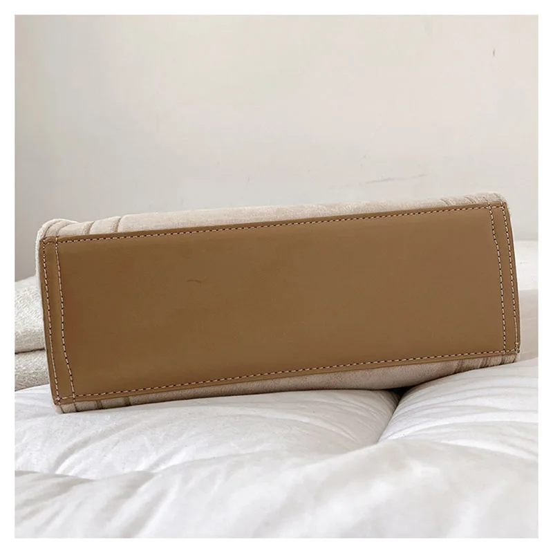 Women's Khaki Velour Tote Bag Original Letter Print Medium Ladies Shopper Handbag Female Square Medium Shoulder Bags