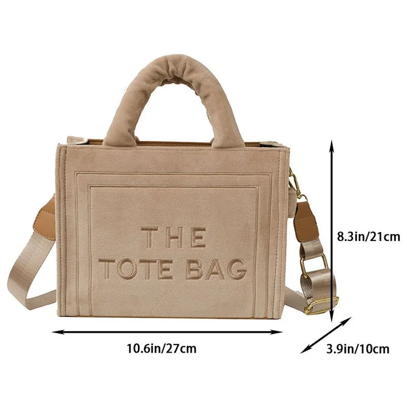 Women's Khaki Velour Tote Bag Original Letter Print Medium Ladies Shopper Handbag Female Square Medium Shoulder Bags