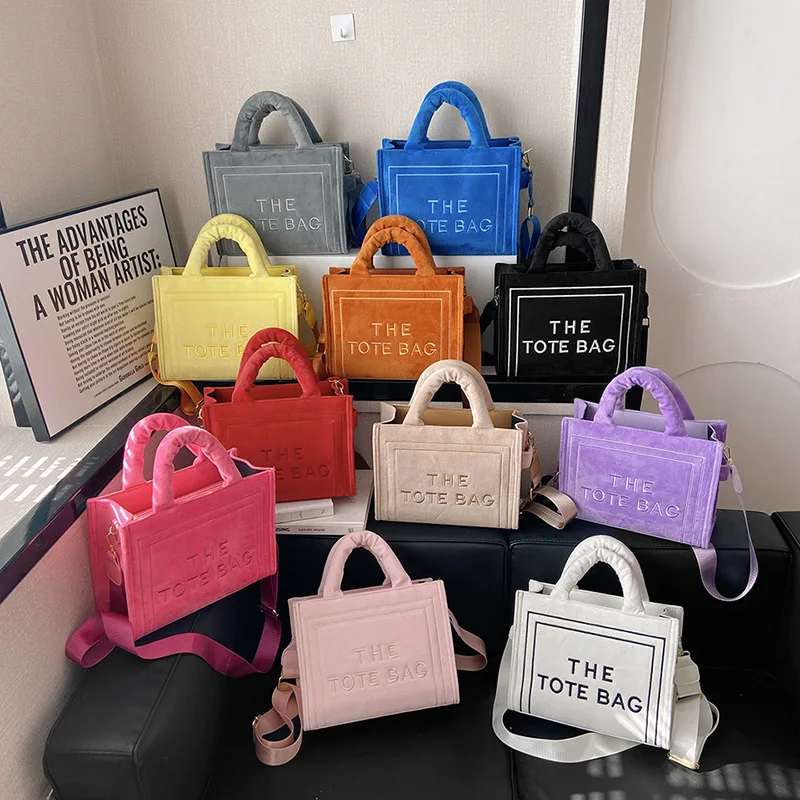 Women's Khaki Velour Tote Bag Original Letter Print Medium Ladies Shopper Handbag Female Square Medium Shoulder Bags