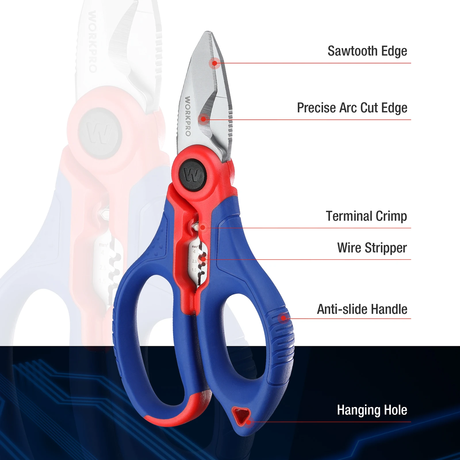 WORKPRO 162 MM Stainless Electricians Scissors with Wire Stripper for Soft Cable (Not Suitable for Diving Use)