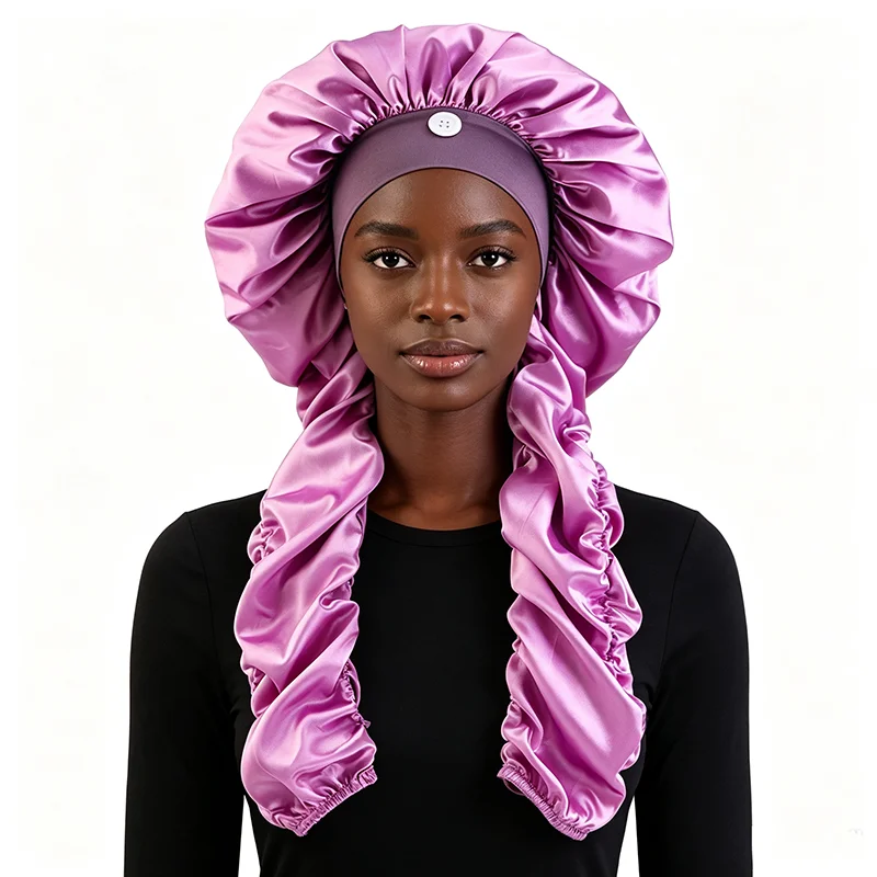 New Women's Bonnet Satin Sleeping Cap Long Tail Braid Hair Night Sleep Cap Head Cover Bonnets Shower Cap For Sauna Bathing