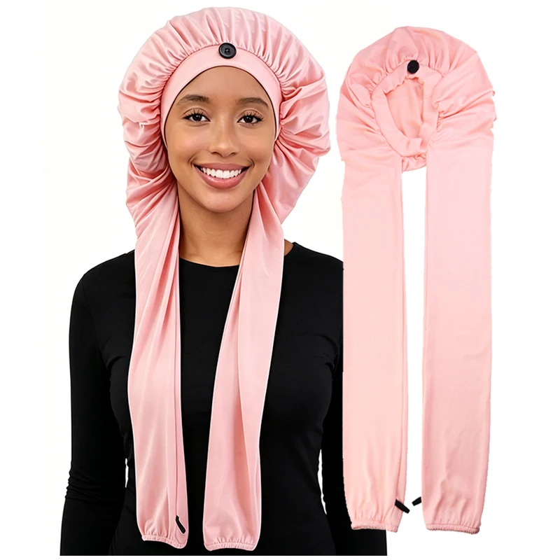 Women's Bonnet Satin Sleeping Hat Long Tail Braid Hair Night Sleep Cap Head Cover Bonnets Shower Caps For Sauna Bathing Bonnet