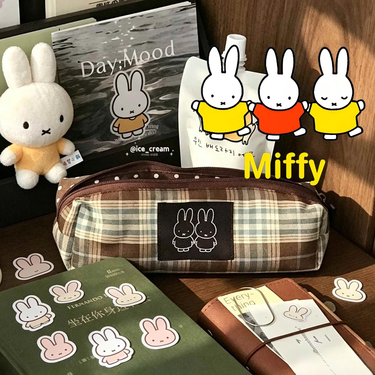 Kawaii Miffy Pencil Case Cute Cartoon Miffy Pencil Case Instagram Style Brown Checkered Large Capacity Student Stationery Bag