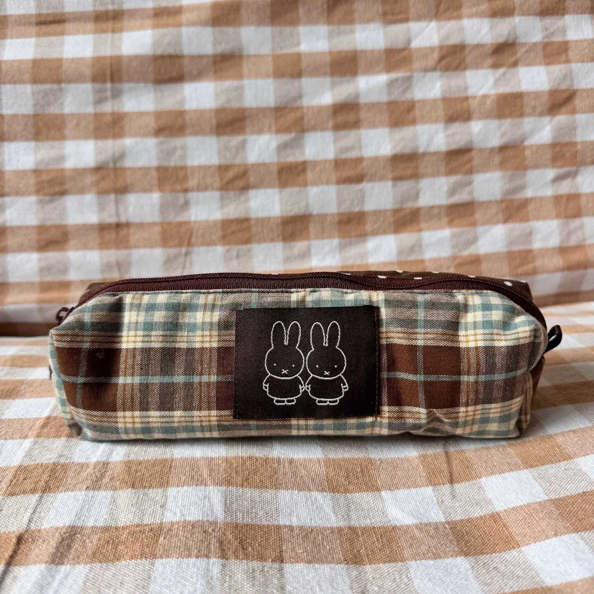 Kawaii Miffy Pencil Case Cute Cartoon Miffy Pencil Case Instagram Style Brown Checkered Large Capacity Student Stationery Bag