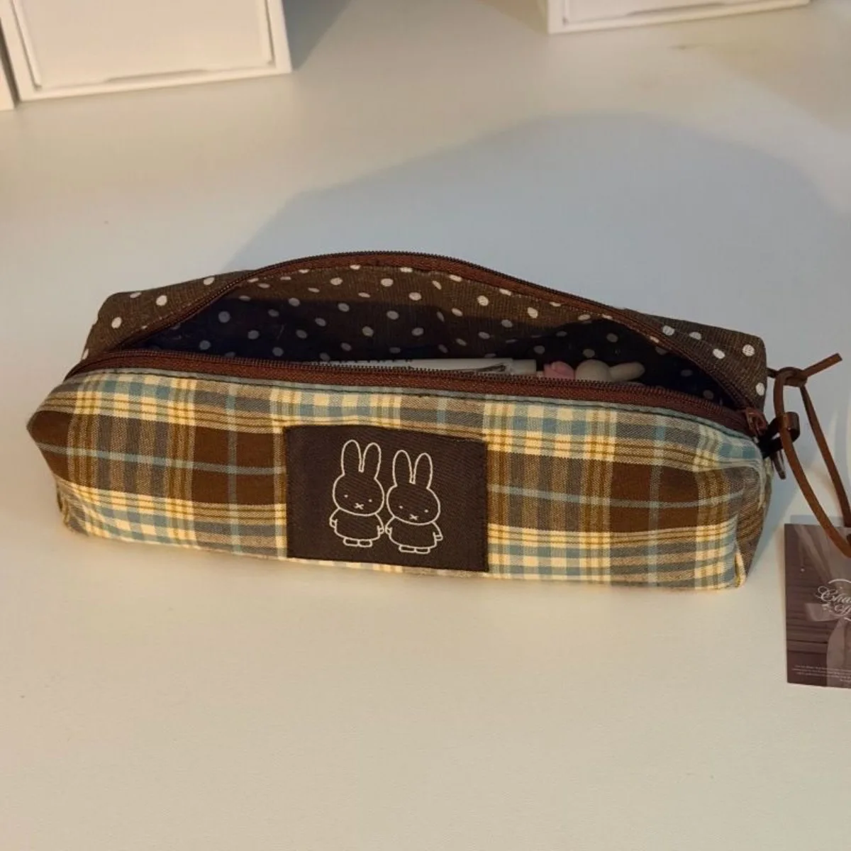 Kawaii Miffy Pencil Case Cute Cartoon Miffy Pencil Case Instagram Style Brown Checkered Large Capacity Student Stationery Bag