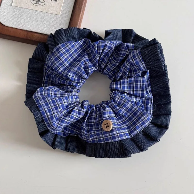 Korean Vintage Denim Blue Square Scrunchie For Women Girls Sweet Hair Tie Elastic Hair Band Hair Ring Fashion Hair Accessories