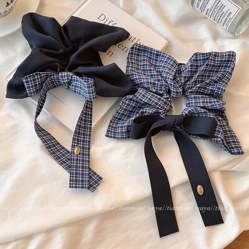 Korean Vintage Denim Blue Square Scrunchie For Women Girls Sweet Hair Tie Elastic Hair Band Hair Ring Fashion Hair Accessories