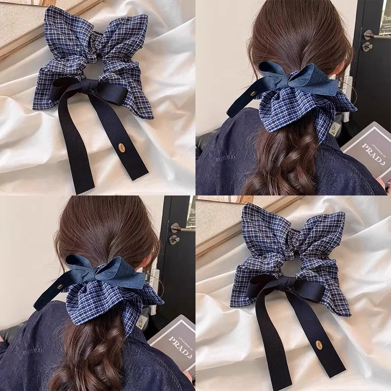 Korean Vintage Denim Blue Square Scrunchie For Women Girls Sweet Hair Tie Elastic Hair Band Hair Ring Fashion Hair Accessories