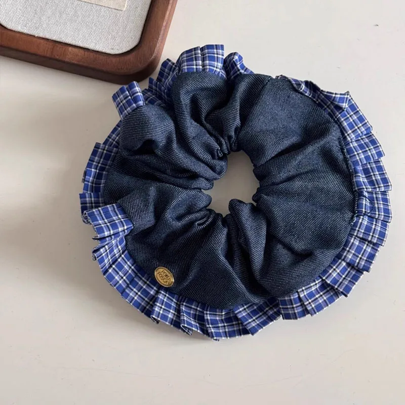 Korean Vintage Denim Blue Square Scrunchie For Women Girls Sweet Hair Tie Elastic Hair Band Hair Ring Fashion Hair Accessories