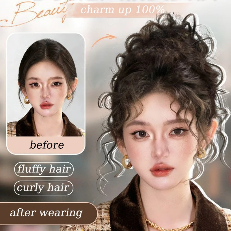 Synthetic Curly Hair Bun Extensions Wig Wavy Curly Chignon Hair Bun with Rubber Band Fluffy Hairpiece for Women Daily Party Use