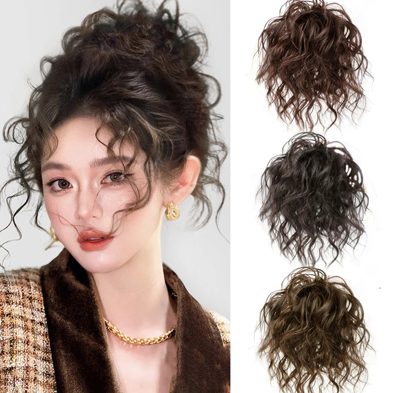Synthetic Curly Hair Bun Extensions Wig Wavy Curly Chignon Hair Bun with Rubber Band Fluffy Hairpiece for Women Daily Party Use