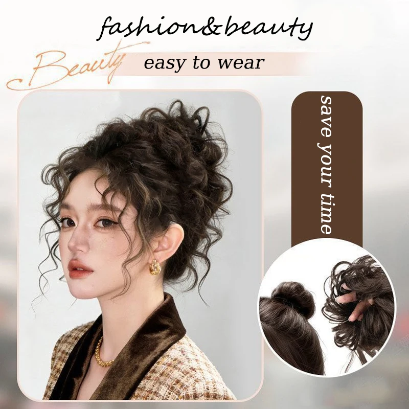 Synthetic Curly Hair Bun Extensions Wig Wavy Curly Chignon Hair Bun with Rubber Band Fluffy Hairpiece for Women Daily Party Use