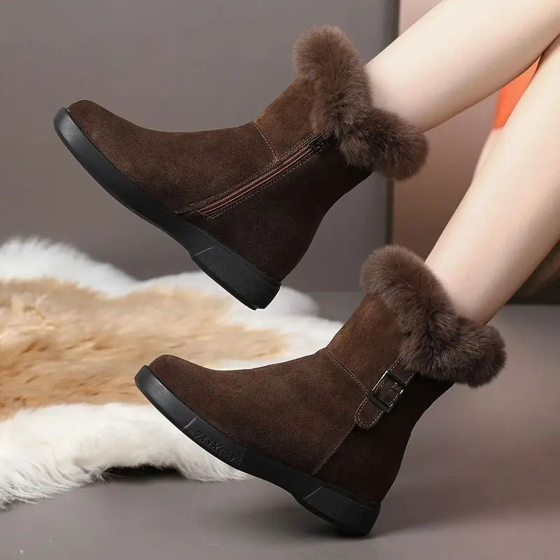 2024 Women's Winter Fashion Leather Warm Snow Boots with Plush Thick Soles Comfortable Non-Slip Cotton Shoes