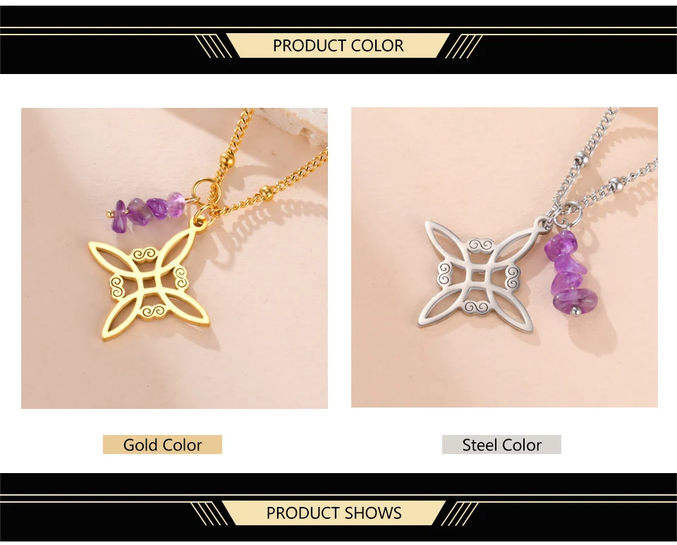 Dawapara Witches Knot Necklace Spiritual Amethyst Protective Necklace Stainless Steel Celtics Knot Good Luck Amulet