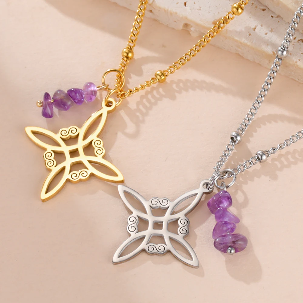 Dawapara Witches Knot Necklace Spiritual Amethyst Protective Necklace Stainless Steel Celtics Knot Good Luck Amulet