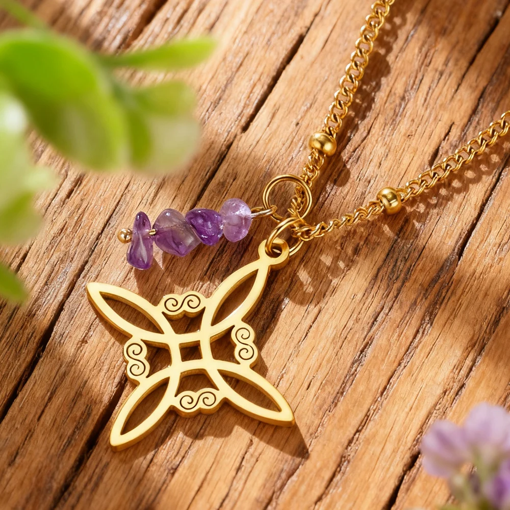 Dawapara Witches Knot Necklace Spiritual Amethyst Protective Necklace Stainless Steel Celtics Knot Good Luck Amulet