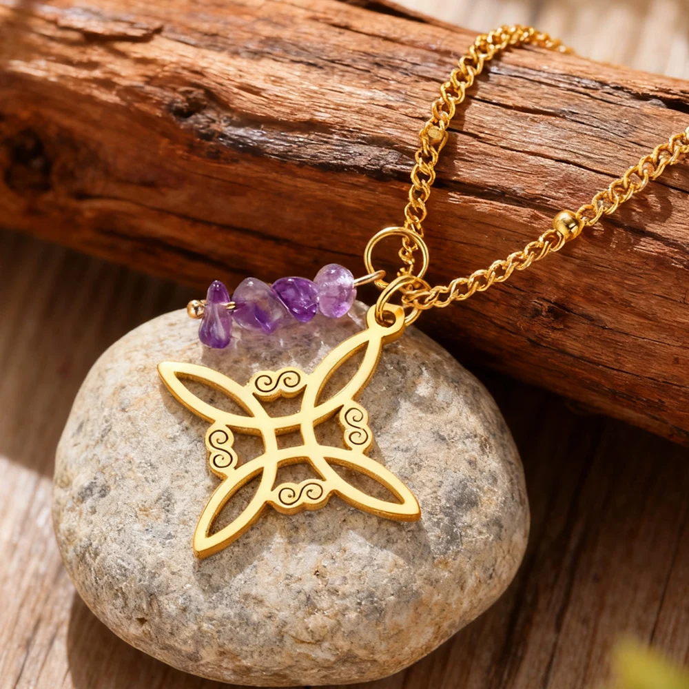 Dawapara Witches Knot Necklace Spiritual Amethyst Protective Necklace Stainless Steel Celtics Knot Good Luck Amulet