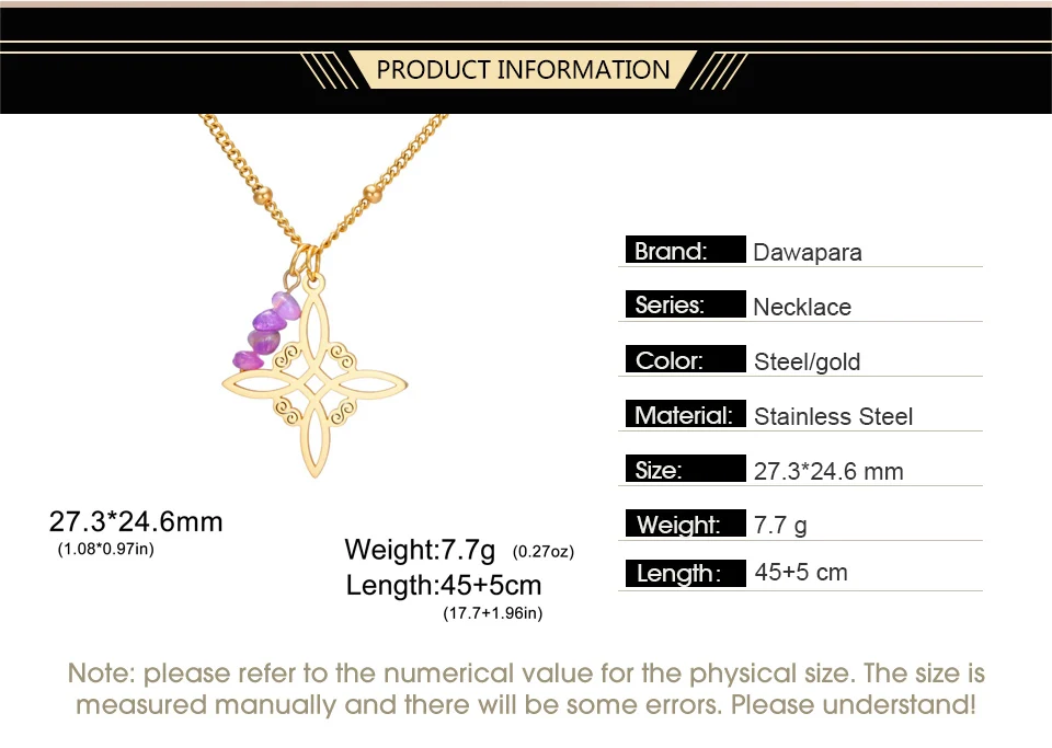 Dawapara Witches Knot Necklace Spiritual Amethyst Protective Necklace Stainless Steel Celtics Knot Good Luck Amulet