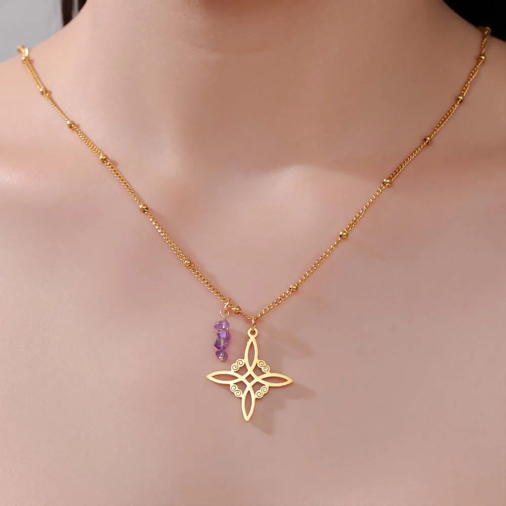 Dawapara Witches Knot Necklace Spiritual Amethyst Protective Necklace Stainless Steel Celtics Knot Good Luck Amulet
