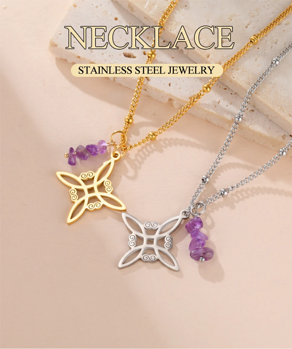 Dawapara Witches Knot Necklace Spiritual Amethyst Protective Necklace Stainless Steel Celtics Knot Good Luck Amulet