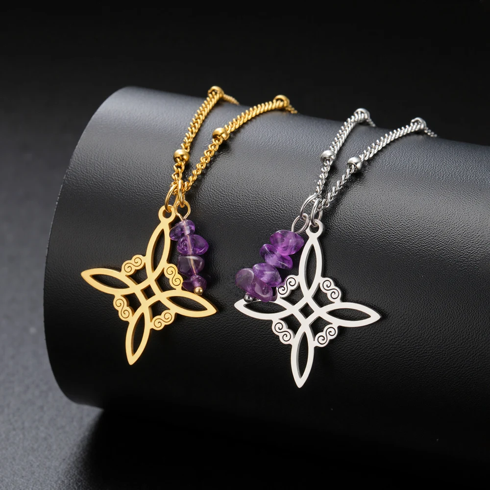 Dawapara Witches Knot Necklace Spiritual Amethyst Protective Necklace Stainless Steel Celtics Knot Good Luck Amulet