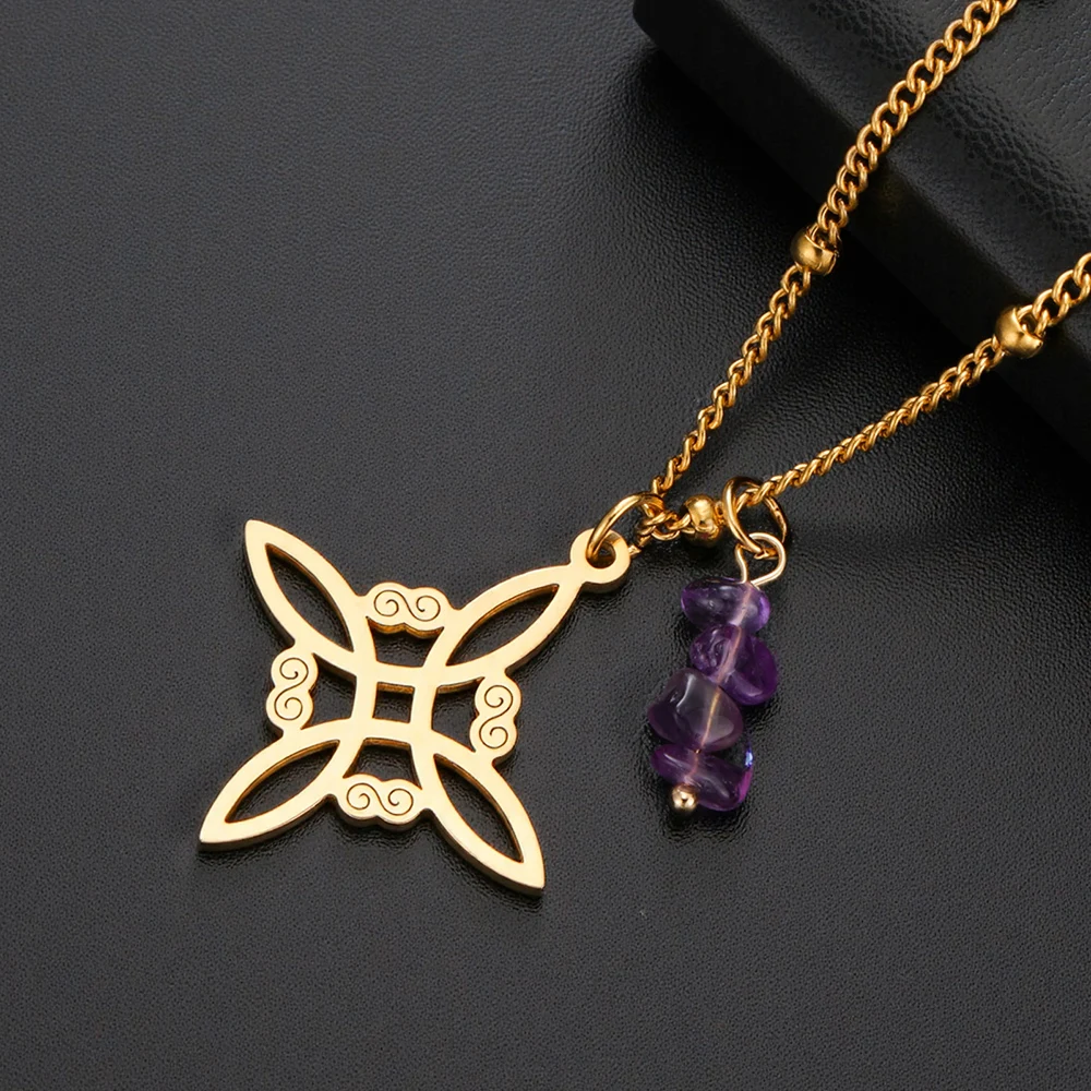 Dawapara Witches Knot Necklace Spiritual Amethyst Protective Necklace Stainless Steel Celtics Knot Good Luck Amulet