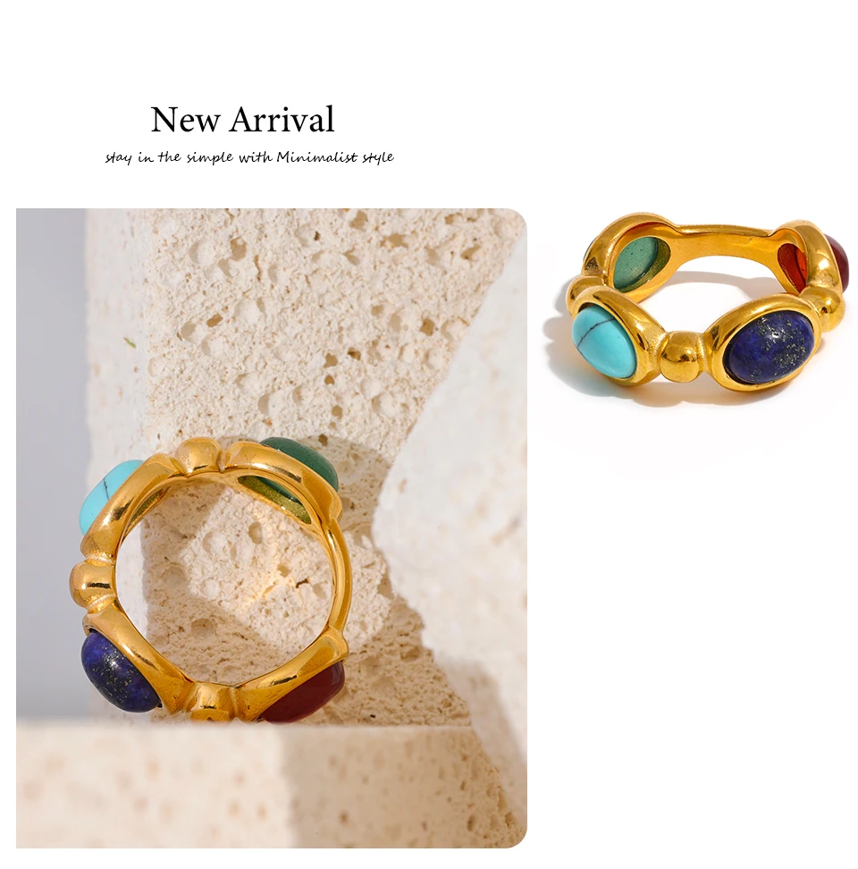 Yhpup Stainless Steel Colorful Natural Stone Agate Cast Vintage Charm Ring Fashion 316l Jewelry for Women Textured Gift