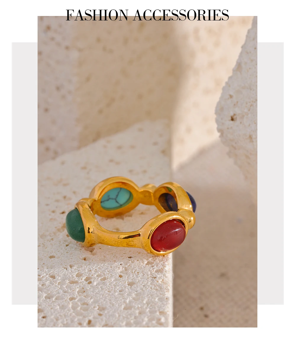 Yhpup Stainless Steel Colorful Natural Stone Agate Cast Vintage Charm Ring Fashion 316l Jewelry for Women Textured Gift