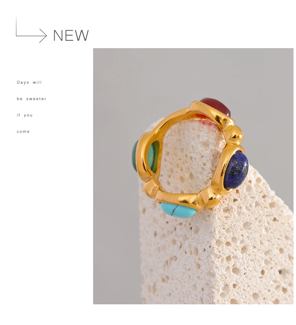 Yhpup Stainless Steel Colorful Natural Stone Agate Cast Vintage Charm Ring Fashion 316l Jewelry for Women Textured Gift