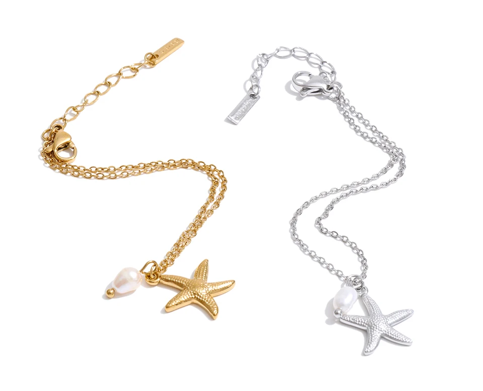 Yhpup Ocean Series Stainless Steel Natural Pearl Starfish Drop Bracelet Bangle Vacation Jewelry for Women Tropical