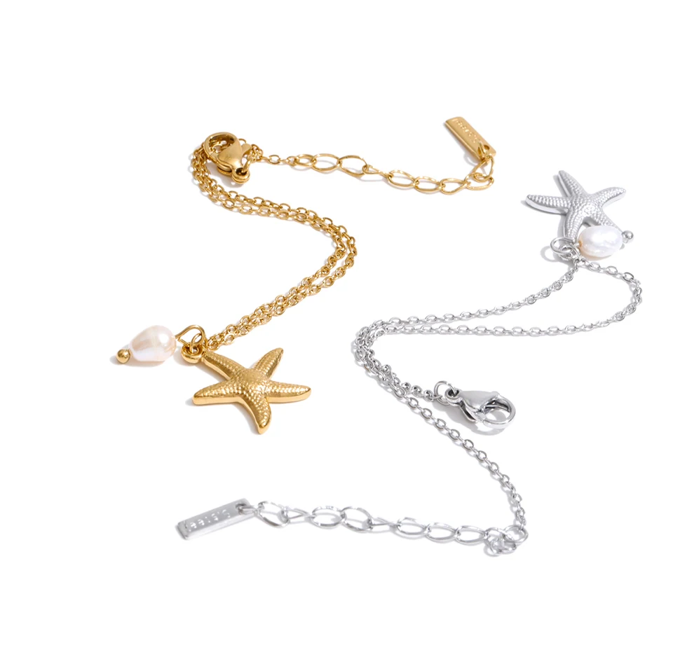 Yhpup Ocean Series Stainless Steel Natural Pearl Starfish Drop Bracelet Bangle Vacation Jewelry for Women Tropical