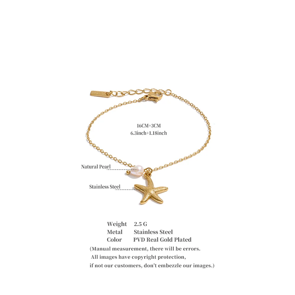 Yhpup Ocean Series Stainless Steel Natural Pearl Starfish Drop Bracelet Bangle Vacation Jewelry for Women Tropical