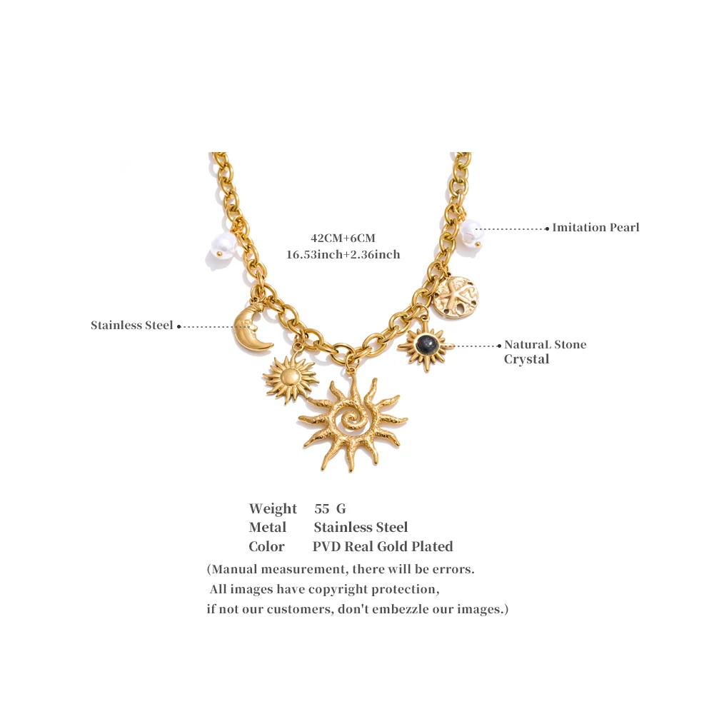 Yhpup Trendy Starfish Moon Sun Shaped Pendant Charm Necklace Statement Stainless Steel Golden Chain Fashion Jewelry PVD Plated
