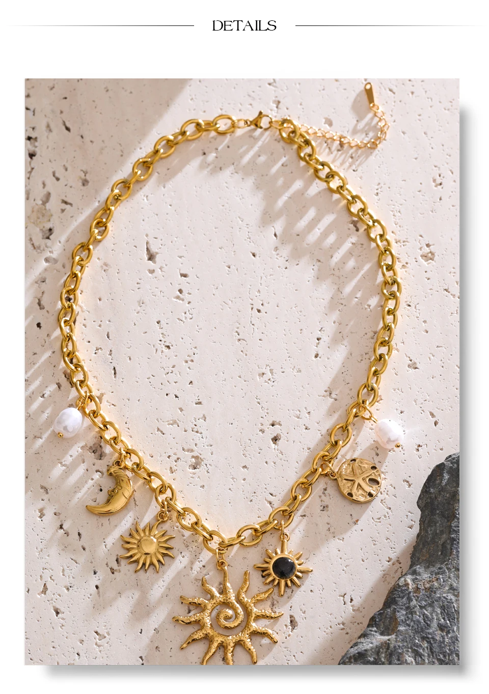 Yhpup Trendy Starfish Moon Sun Shaped Pendant Charm Necklace Statement Stainless Steel Golden Chain Fashion Jewelry PVD Plated