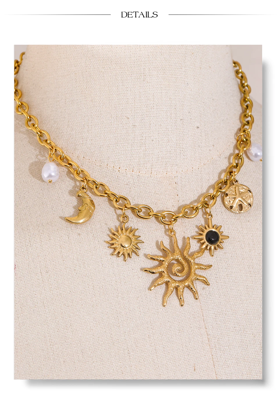 Yhpup Trendy Starfish Moon Sun Shaped Pendant Charm Necklace Statement Stainless Steel Golden Chain Fashion Jewelry PVD Plated