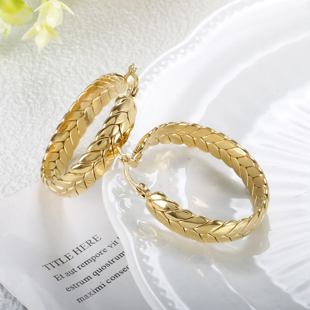 Hot Sale Wheat Ears Shape Twisted Hoop Earrings For Women Girl Vintage Stainless Steel Textured Earring Gold Color Jewelry
