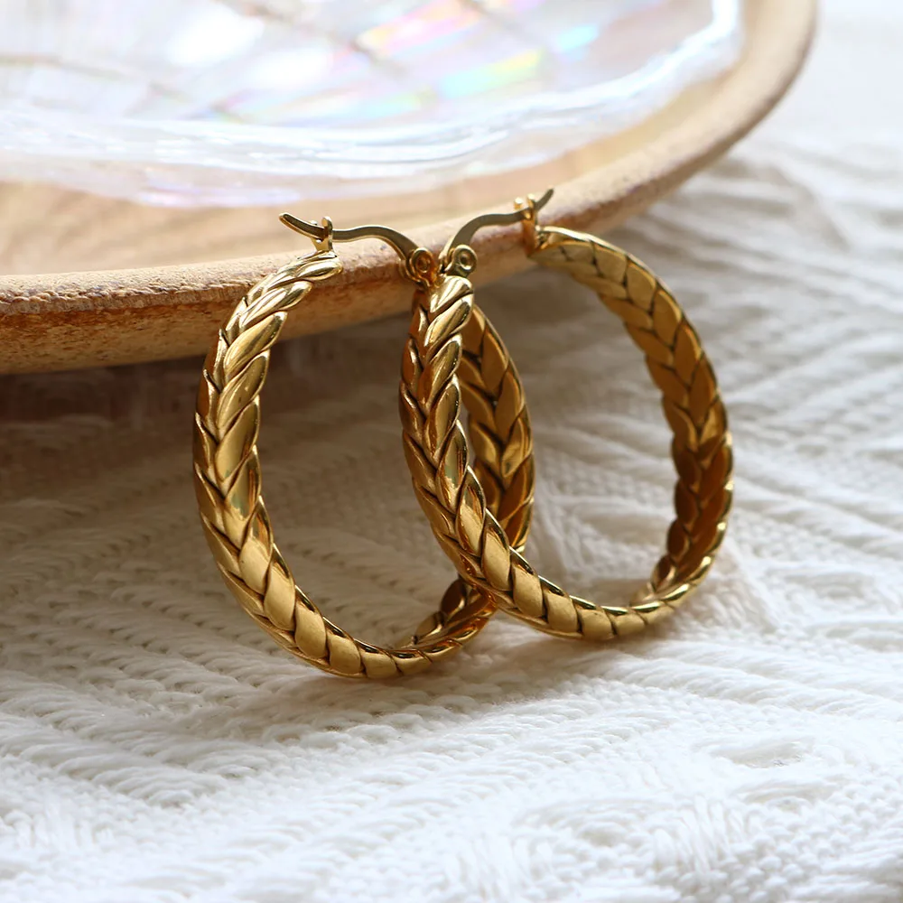 Hot Sale Wheat Ears Shape Twisted Hoop Earrings For Women Girl Vintage Stainless Steel Textured Earring Gold Color Jewelry