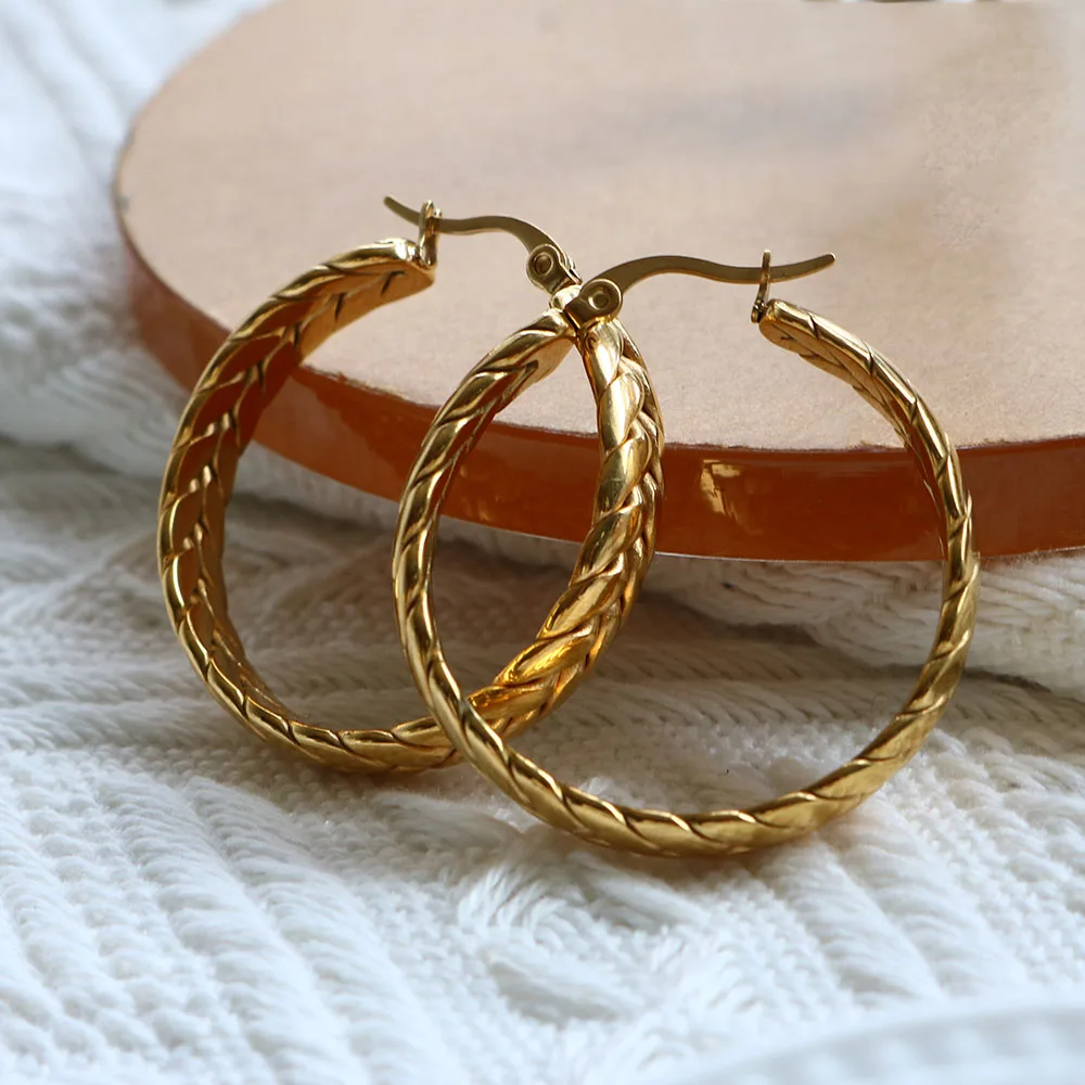 Hot Sale Wheat Ears Shape Twisted Hoop Earrings For Women Girl Vintage Stainless Steel Textured Earring Gold Color Jewelry