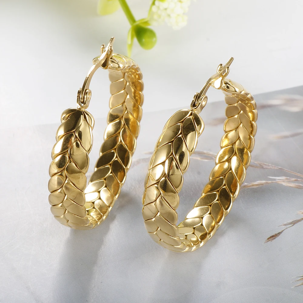 Hot Sale Wheat Ears Shape Twisted Hoop Earrings For Women Girl Vintage Stainless Steel Textured Earring Gold Color Jewelry