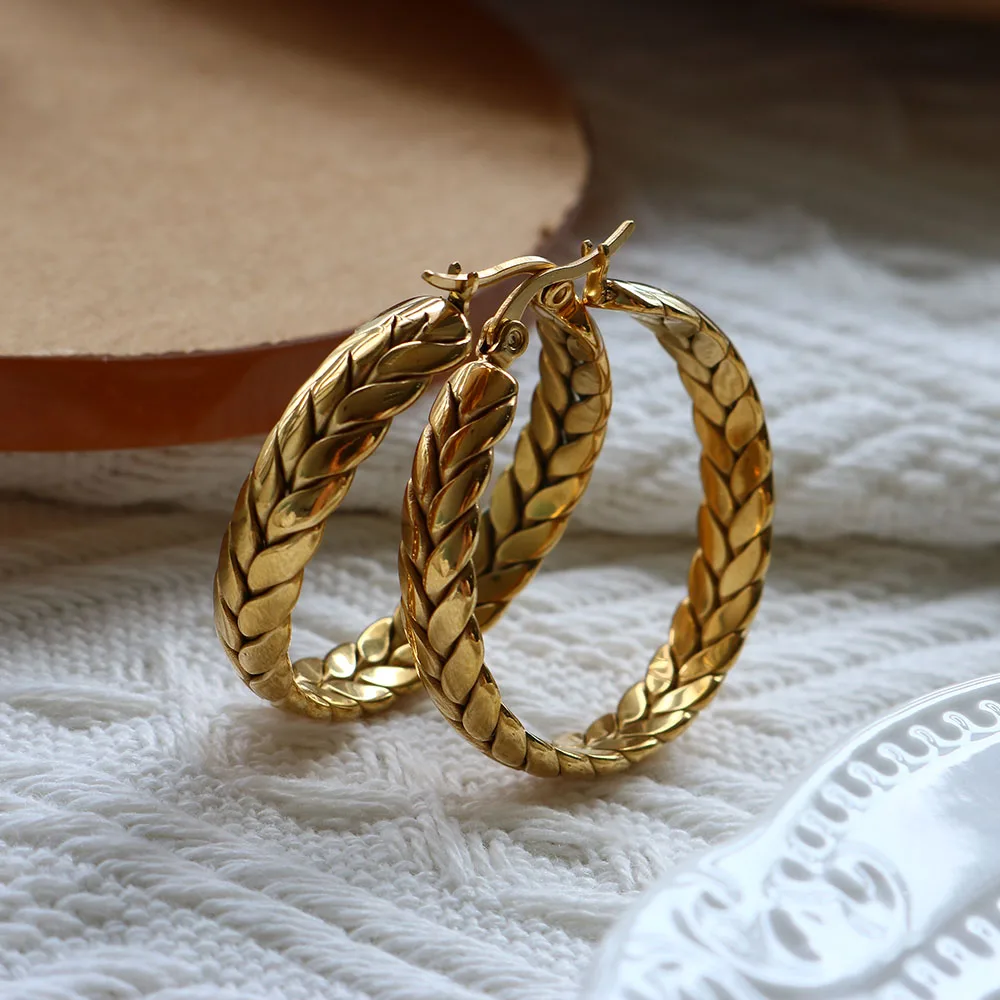 Hot Sale Wheat Ears Shape Twisted Hoop Earrings For Women Girl Vintage Stainless Steel Textured Earring Gold Color Jewelry