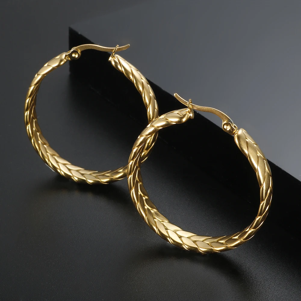 Hot Sale Wheat Ears Shape Twisted Hoop Earrings For Women Girl Vintage Stainless Steel Textured Earring Gold Color Jewelry